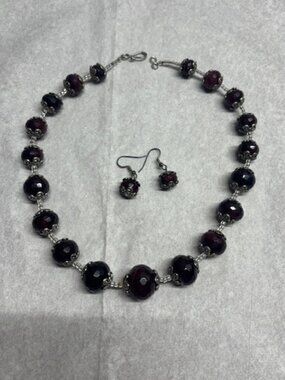 Maroon Glass Beaded Necklace + Earring Set